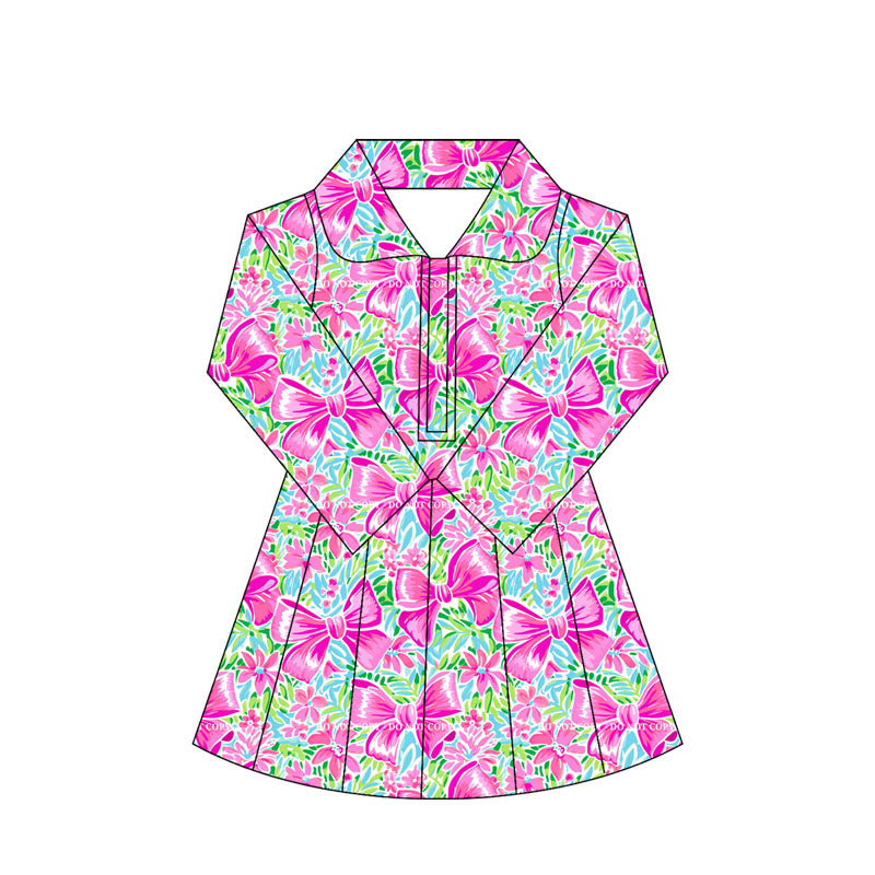 ( Moq 10 ) Baby Girl Bows Floral Long Sleeves Zipper Activity Wear Yoga Knee Length Dress