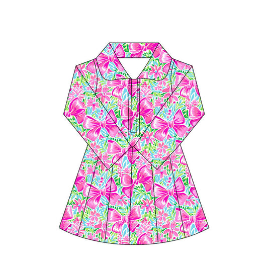 ( Moq 10 ) Baby Girl Bows Floral Long Sleeves Zipper Activity Wear Yoga Knee Length Dress