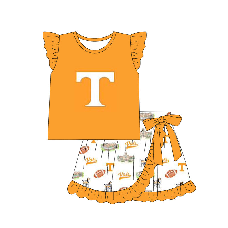 Baby Girl Yellow Short Sleeves T Team Shirt Ruffle Skirts Clothes Set Moq 5