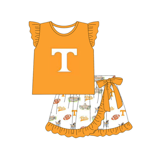 Baby Girl Yellow Short Sleeves T Team Shirt Ruffle Skirts Clothes Set Moq 5