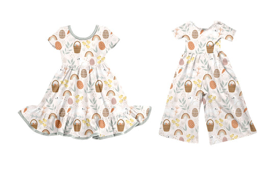 ( Moq 5 Each Style ) Girls Toddler Short Sleeves Rabbits Eggs Easter Sibling Dress Jumpsuit