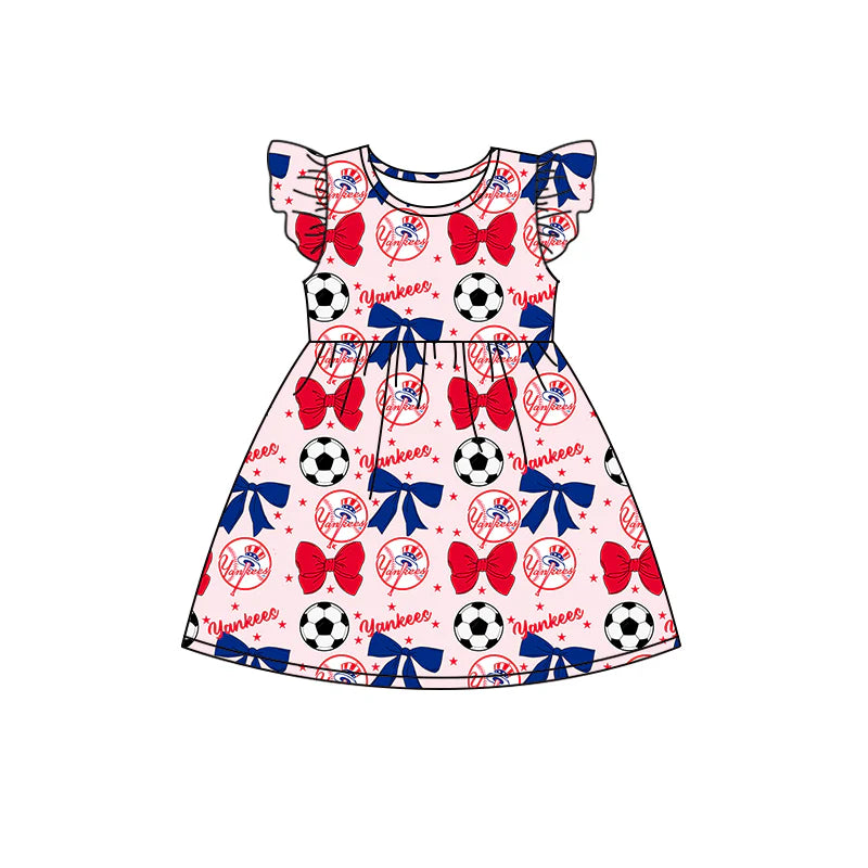 ( Moq 5 each style ) Baby Girl Toddler Team Red Blue Bows Soccer Sibling Romper Dress Set 6.14