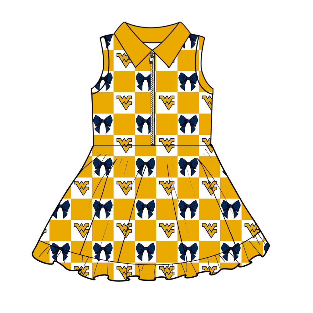 ( Moq 5 ) Baby Girls Kids WV Bows Checked Team Zipper Shorts Knee Length Dress