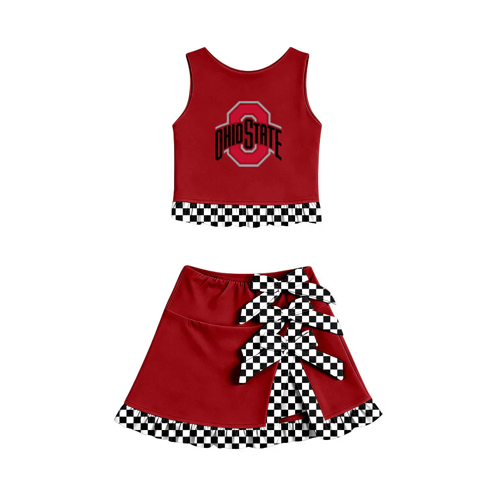 ( Moq 5 ) Sibling Baby Girls Kids Sleeveless Cheer Red Vest Checked Bows Skirt Shorts Team Set Clothes