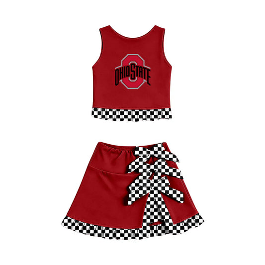 ( Moq 5 ) Sibling Baby Girls Kids Sleeveless Cheer Red Vest Checked Bows Skirt Shorts Team Set Clothes