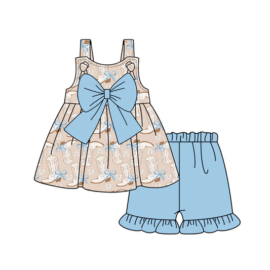 Baby Girl Blue Strap Bows Boots Tunic Ruffle Shorts Set ( Moq 5 )