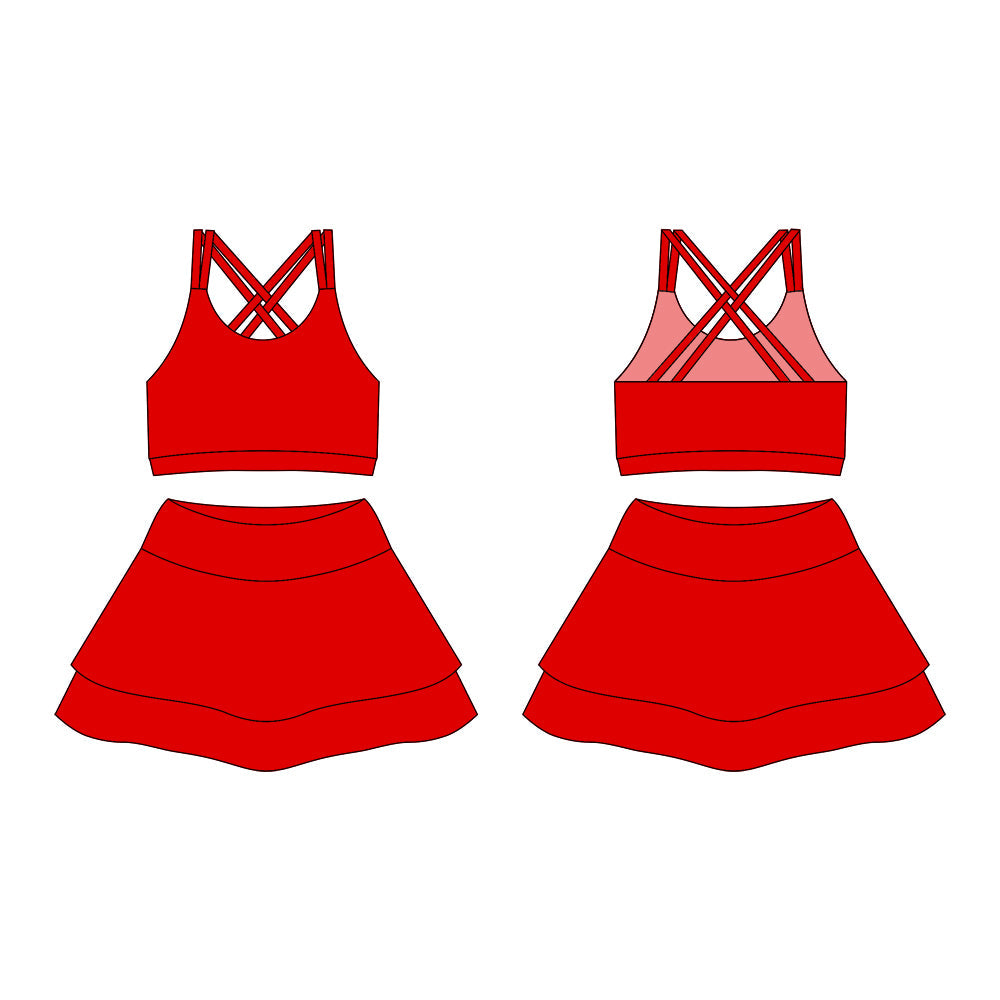 ( Moq 10 )Baby Girls Red Straps Activity Wear Vests Tops Shorts Skirts Yoga Set