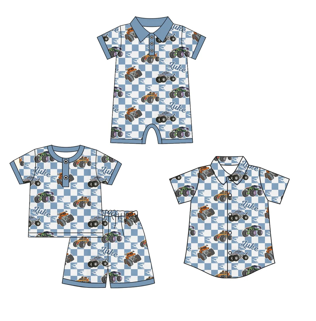 ( Moq 5 Each Style ) Sibling Baby Boy Toddler Short Sleeves Trucks Blue Plaid Shirt Romper Set