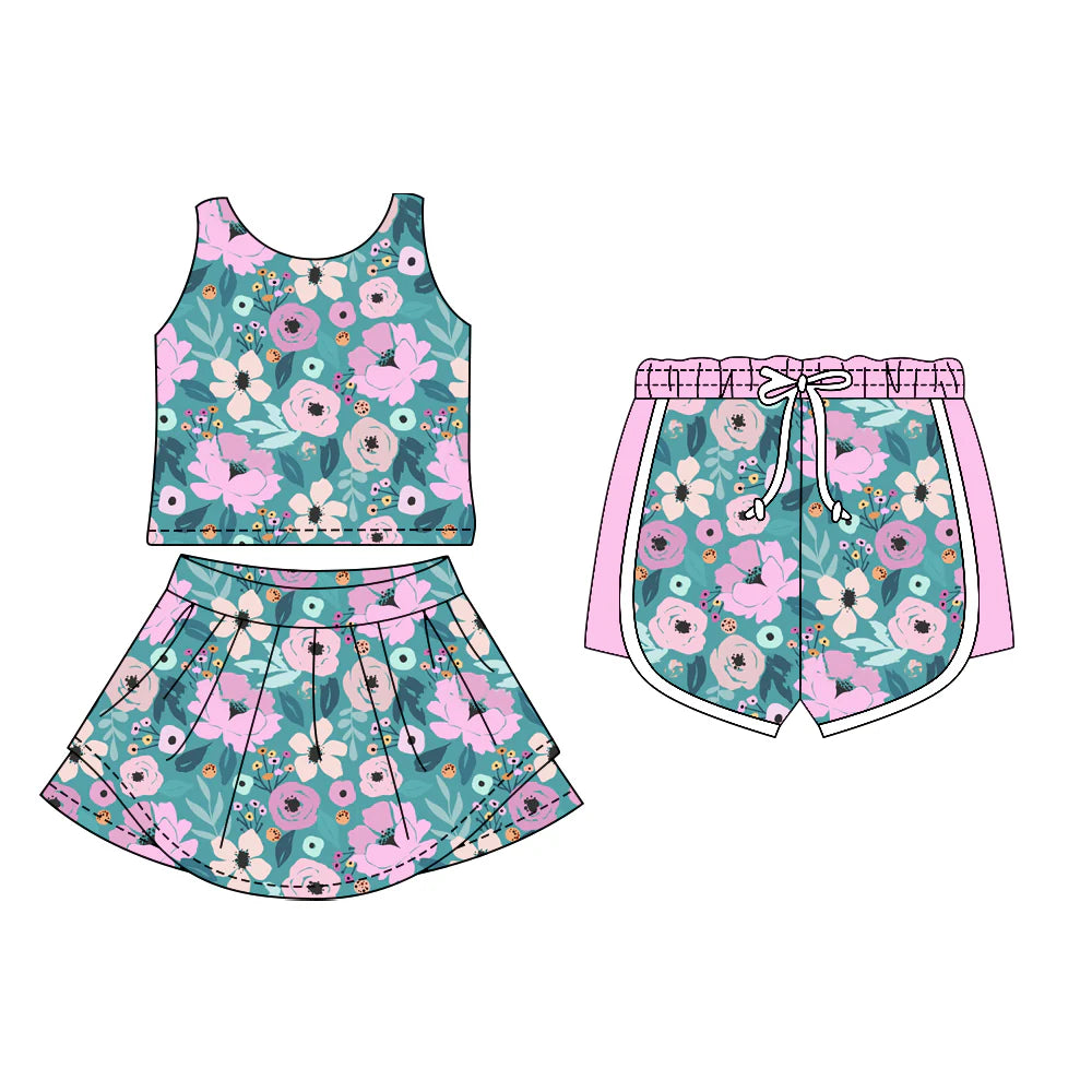 ( Moq 5 Each Style ) Sibling Baby Girls Sleeveless Pink Flower Tops Shorts Skirt Set