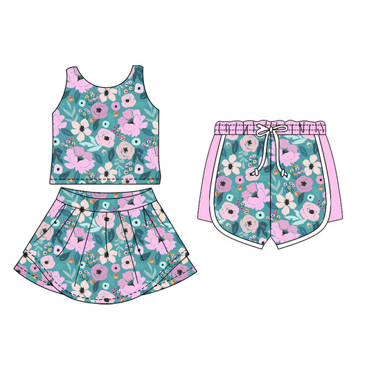 ( Moq 5 Each Style ) Sibling Baby Girls Sleeveless Pink Flower Tops Shorts Skirt Set