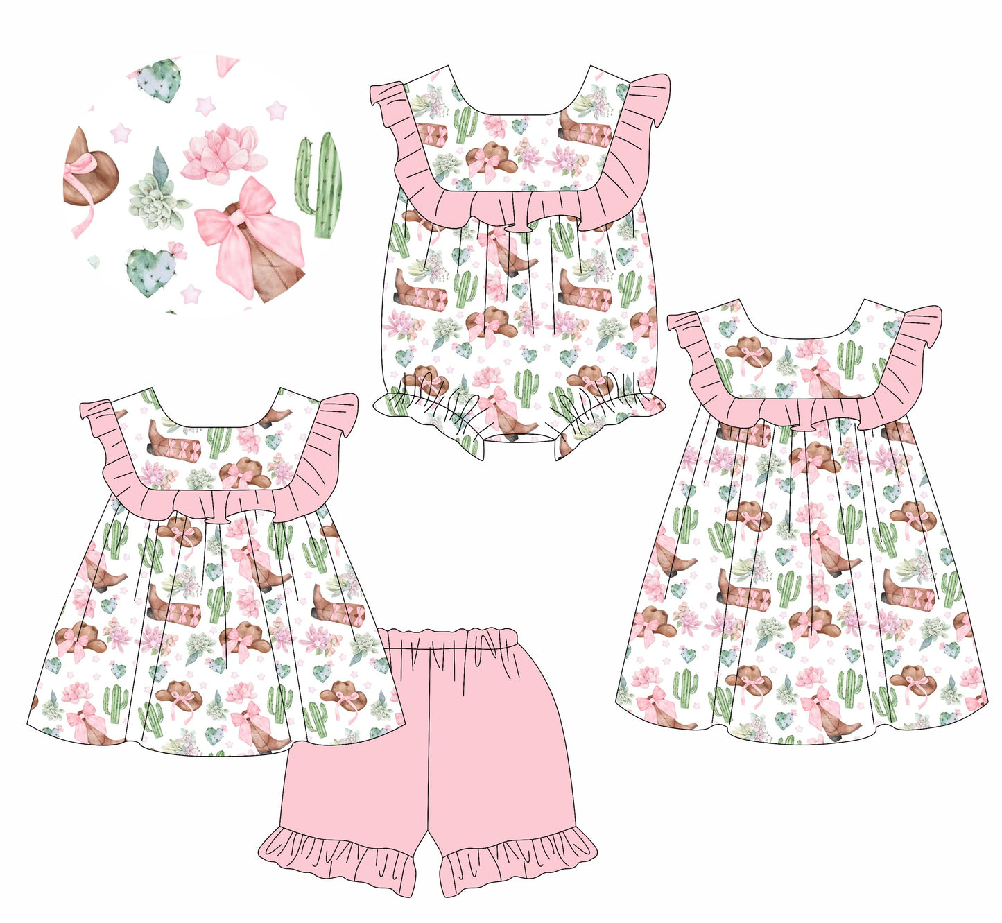 Baby Girl Bows Cactus Boots Western Sibling Romper Dress Set ( Moq 5 Each Style ) 1.16