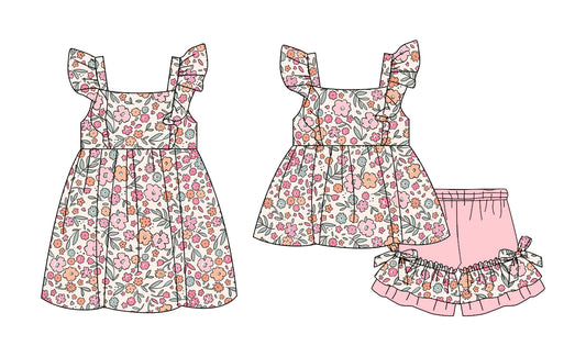 ( Moq 5 Each Style ) Baby Girls Kids Short Sleeves Floral Sibling Pink Dress Set