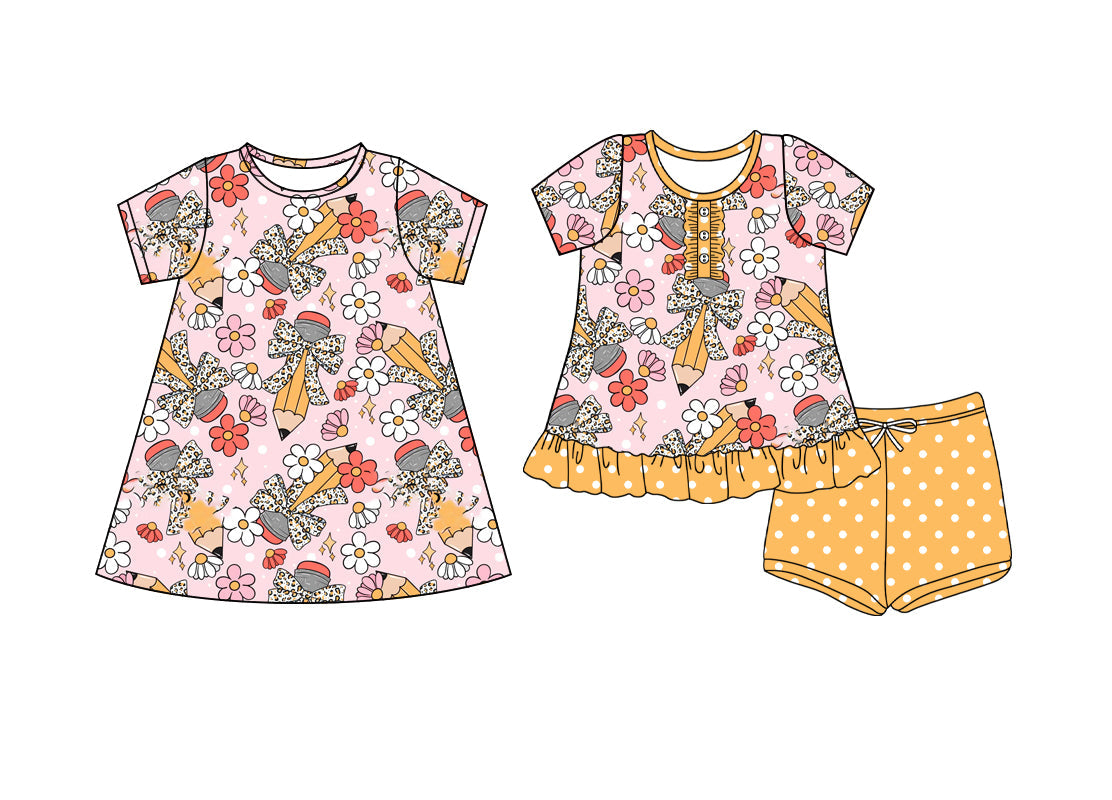 ( Moq 5 Each Style ) Baby Girl Back To School Flower Pencil Bows Sibling Summer Dress Set 4.23