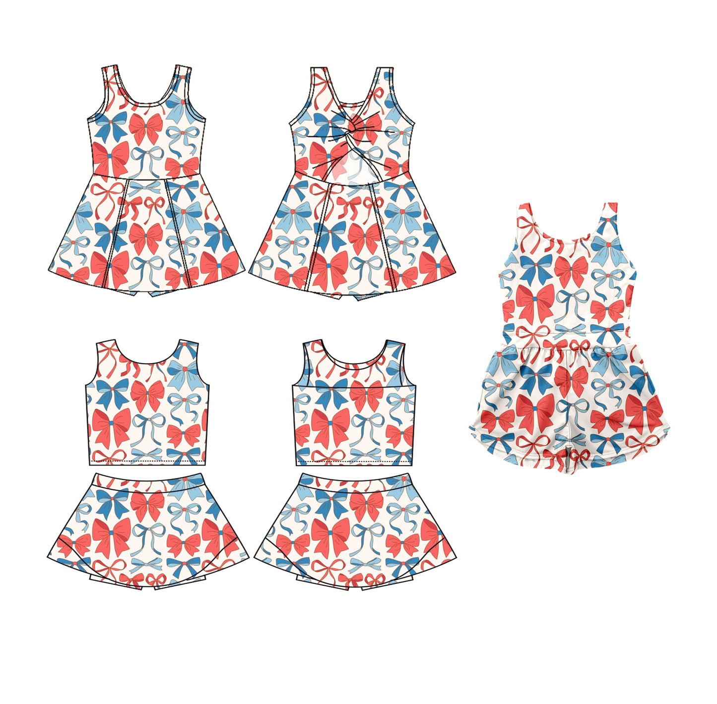 Baby Girl Sleeveless Blue Red Bows Sibling Jumpsuit Dress Set ( Moq 5 Each Style ) 3.19