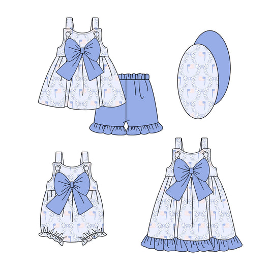 Baby Girl Flags Blue Bows Sibling Romper Dress Set ( Moq 5 Each Style ) 1.14
