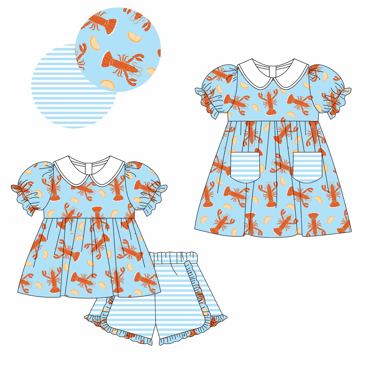 Baby Girl Short Sleeves Crawfish Blue Stripes Sibling Dress Clothes Set ( Moq 5 Each Design ) 12.3