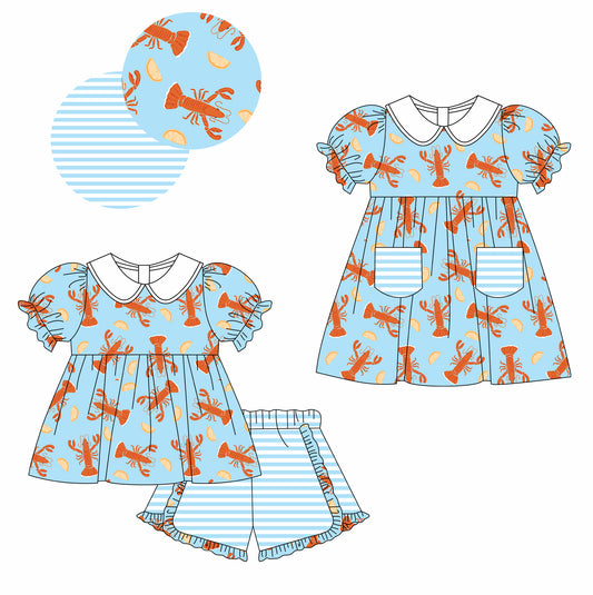 Baby Girl Short Sleeves Crawfish Blue Stripes Sibling Dress Clothes Set ( Moq 5 Each Design ) 12.3