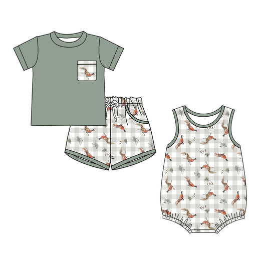 ( Moq 5 Each Style ) Sibling Baby Boys Kids Short Sleeves Ducks Green Tops Shorts Set Romper