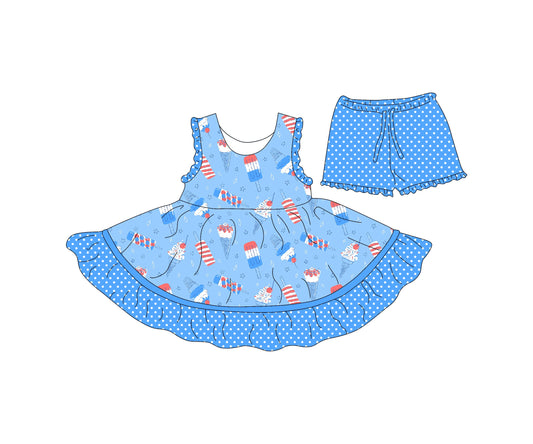 ( Moq 5 each style ) Baby Girl Blue Sleeveless 4th Of July Sibling Knee Length Dress Shorts 4.15