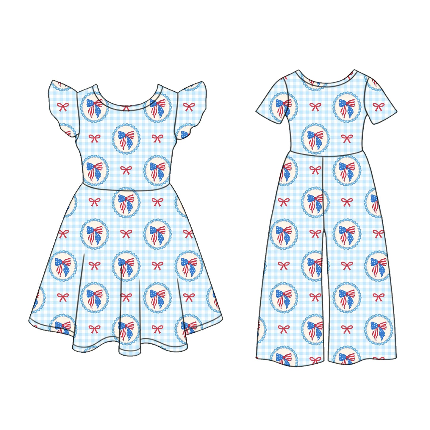 ( Moq 5 Each Style ) Sibling Baby Girls Kids Bows Plaid 4th of July Dress Jumpsuit Clothes