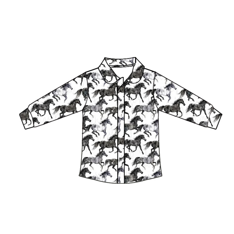 ( Moq 5 ) Baby Boy Long Sleeves Black Horses Plaid Button Shirt Tops