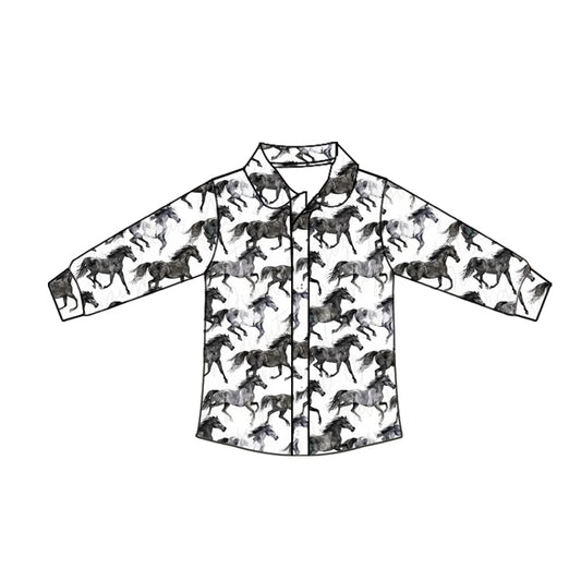 ( Moq 5 ) Baby Boy Long Sleeves Black Horses Plaid Button Shirt Tops
