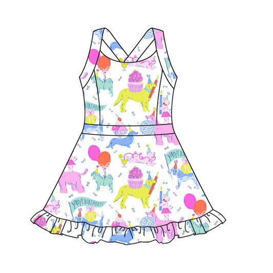 ( Moq 10 ) Baby Girl Straps Dogs Birthday Activity Wear Yoga Knee Length Dress