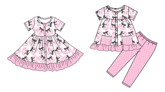 ( Moq 5 Each Style ) Baby Girl Short Sleeves Pumpkin Black Bows Sibling Dress Set 4.25