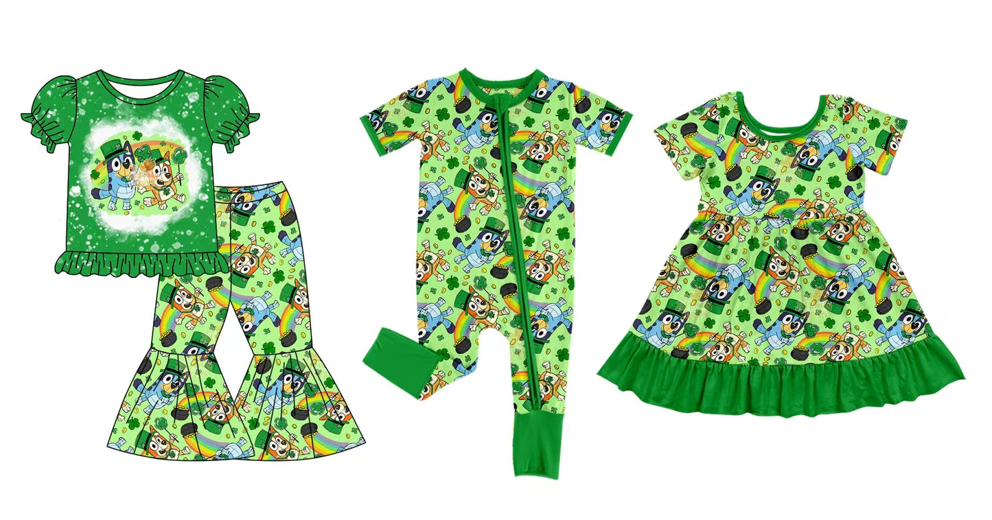 Baby Girl Short Sleeves St. Patrick Dogs Sibling Romper Dress Clothes Set ( Moq 5 Each Design )12.5