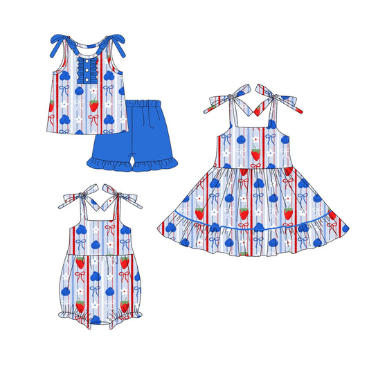 ( Moq 5 Each Style ) Baby Girl Straps Flower Strawberry 4th Of July Sibling Romper Dress Set 4.16