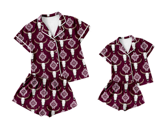 Baby Girl Adult Women Western Cow Aztec Sibling Pajamas Set ( Moq 5 Each Style ) 2.14