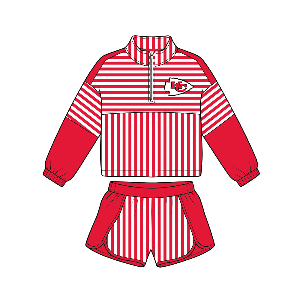 ( Moq 5 ) Baby Girls Kids Long Sleeves Zipper Pullover Stripes Shorts Team Set Clothes