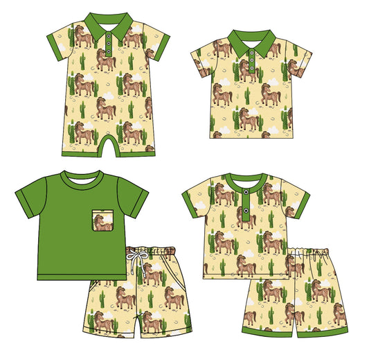 ( Moq 5 Each Style ) Baby Boy Short Sleeves Horse Cactus Sibling Summer Romper Shirt Set 4.22