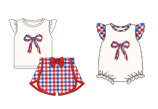 Baby Girl July 4th Checked Bows Sibling Romper Set ( Moq 5 Each Style ) 1.8
