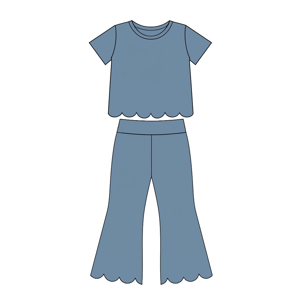 ( Moq 5 ) Preorder Baby Girls Kids Short Sleeves Blue Shirt Pants Scallop Set Clothes