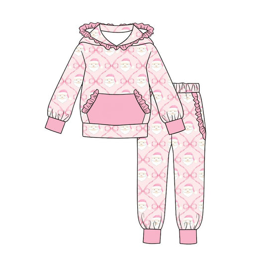 ( Moq 5 ) Preorder Baby Girls Kids Christmas Santa Pink Bows Hoodie Pullover Ruffle Pockets Pants Set Clothes
