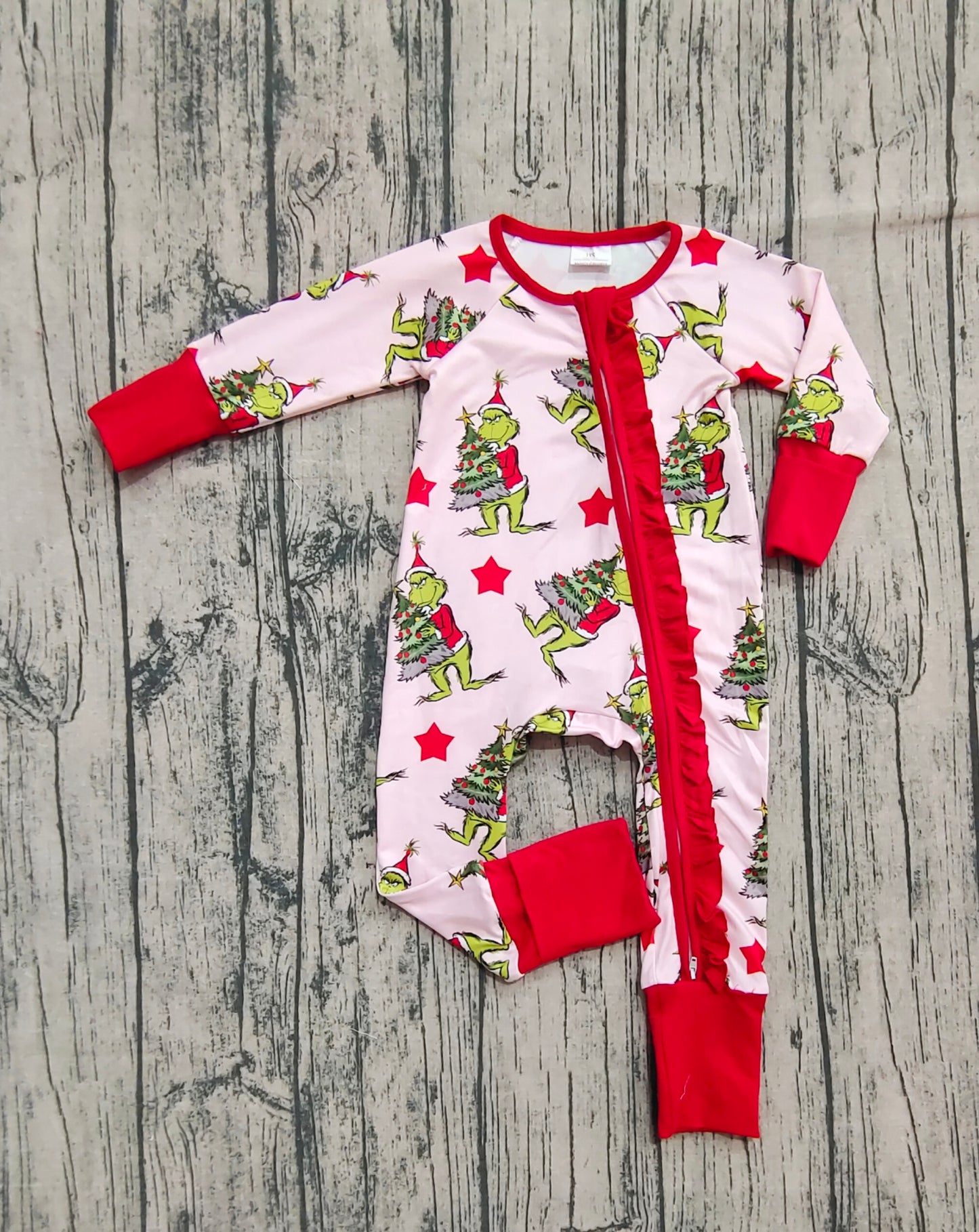 Baby Girl Long Sleeves Green Face Stars Christmas Ruffle Zipper Romper RTS
