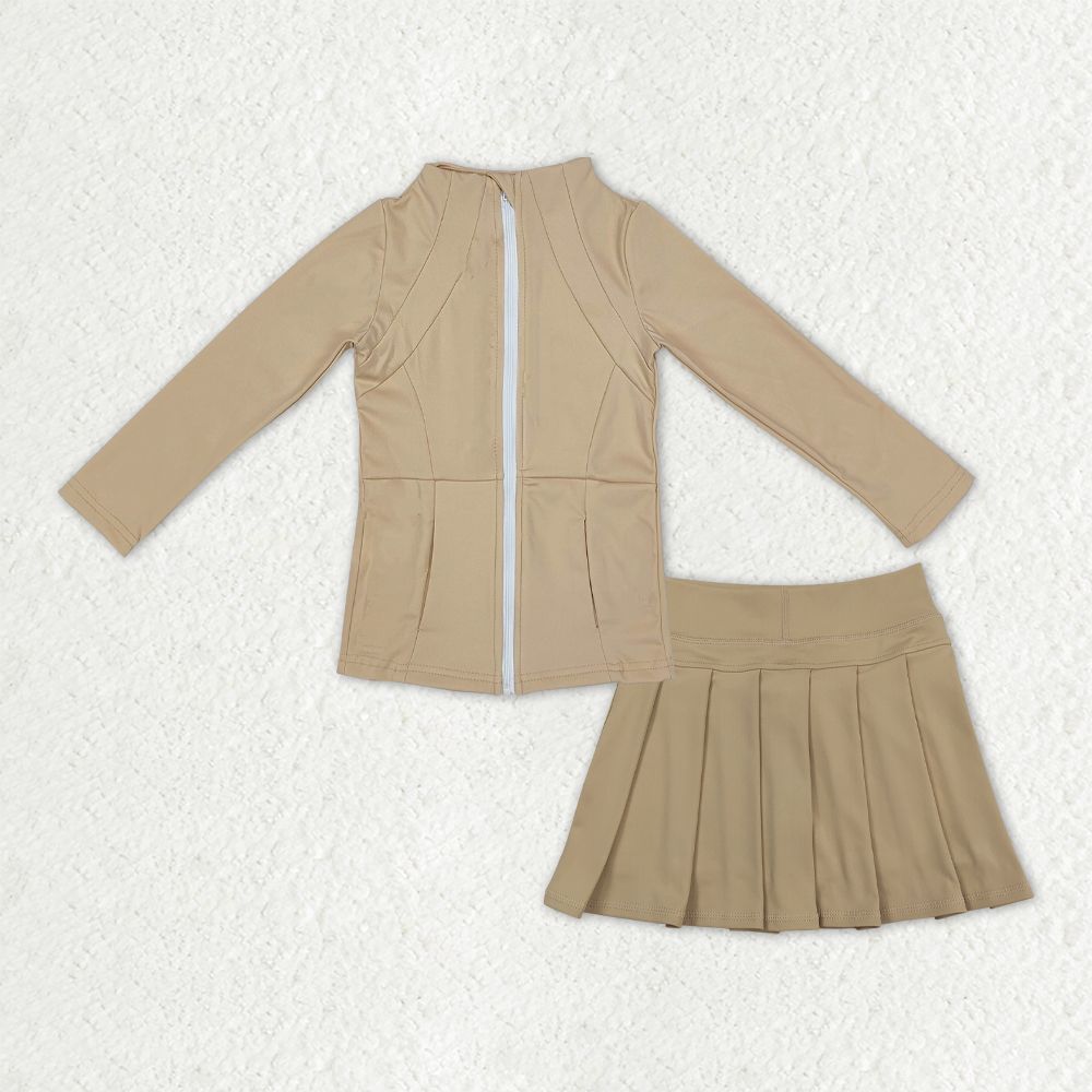 Kids Girls Long Sleeves Zipper Pockets Cardigan Khaki Shorts Skirt Yoga Active Set RTS