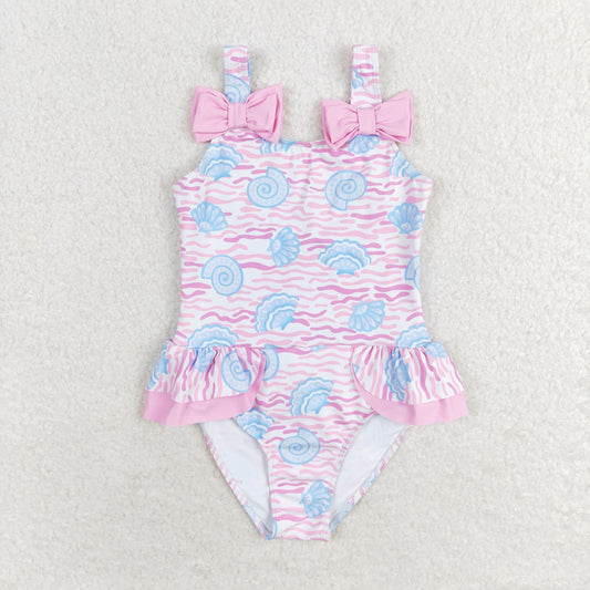 Baby Girl Pink Sea Shell Ruffle One Piece Bows Swimsuit