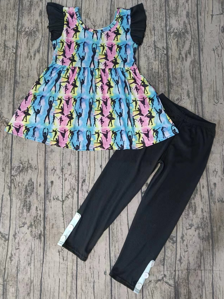 Baby Girl Toddler Short Sleeves Dance Tunic Tops Black Pants Set