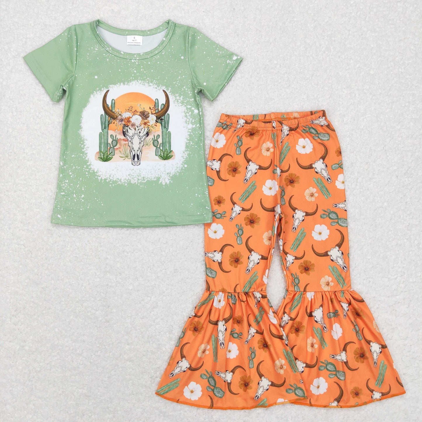 GSPO0990 Baby Girl Western Short Sleeves Cow Cactus Shirt Floral Bell Pants Outfit