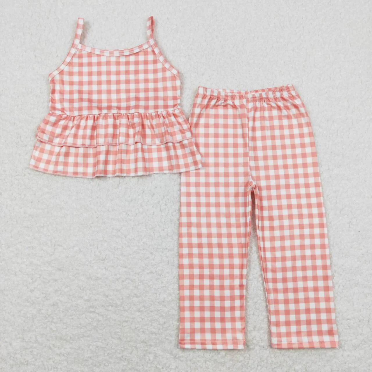 Baby Girl Sleeveless Orange Plaid Ruffle Tops Pants Set