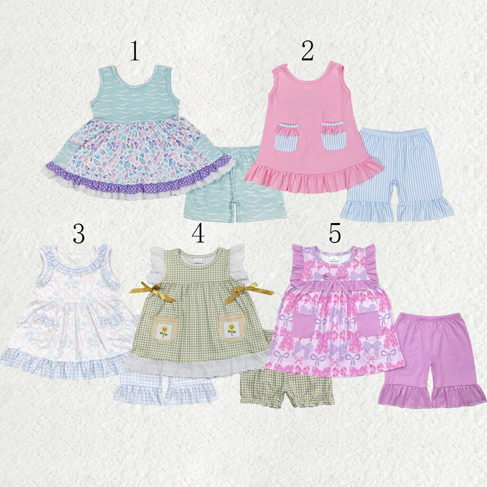 Baby Girl Sleeveless Flower Bows Pockets Tunic Ruffle Shorts Set Sibling Clothes RTS