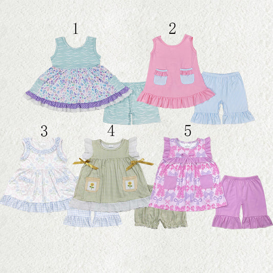 Baby Girl Sleeveless Flower Bows Pockets Tunic Ruffle Shorts Set Sibling Clothes RTS
