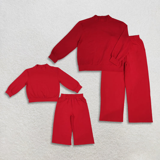 Sibling Baby Girls Adult Women Long Sleeves Red Shirts Pockets Pants Cotton Sets RTS