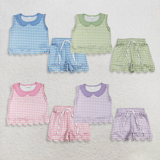 Sibling Baby Girls Kids Sleeveless Scallop Shirts Pockets Shorts Plaid Sets Clothes RTS