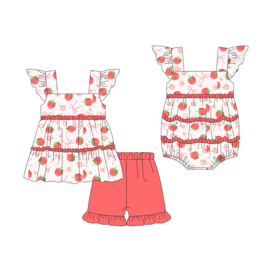 Baby Girl Short Sleeves Strawberry Flower Bows Sibling Romper Set ( Moq 5 Each Style ) 3.7