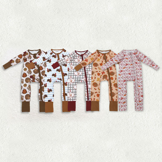 Sibling Baby Boys Girls Long Sleeves turkey Pumpkins Thanksgiving Zipper Rompers RTS