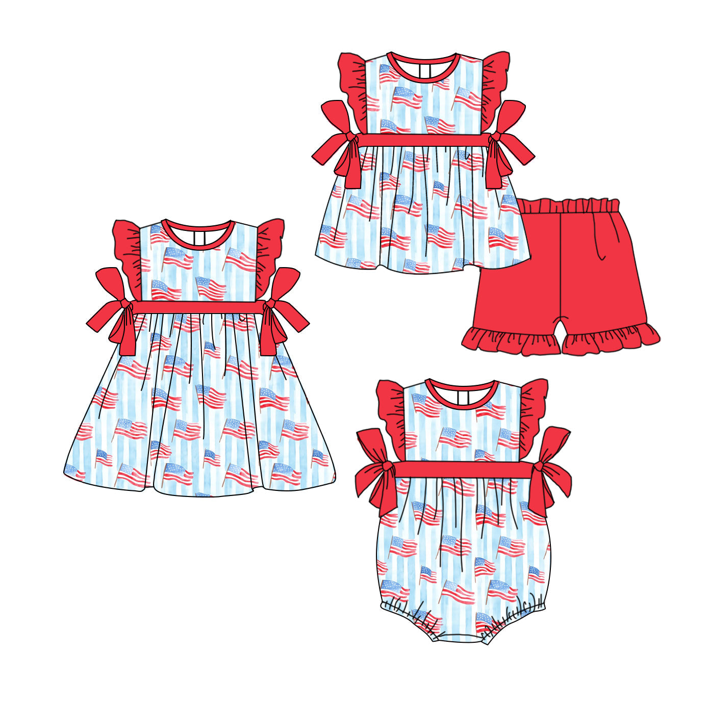 ( Moq 5 Each Style ) Baby Girl Short Sleeves Flags Stripes Bows 4th Of July Sibling Romper Dress Set 3.26