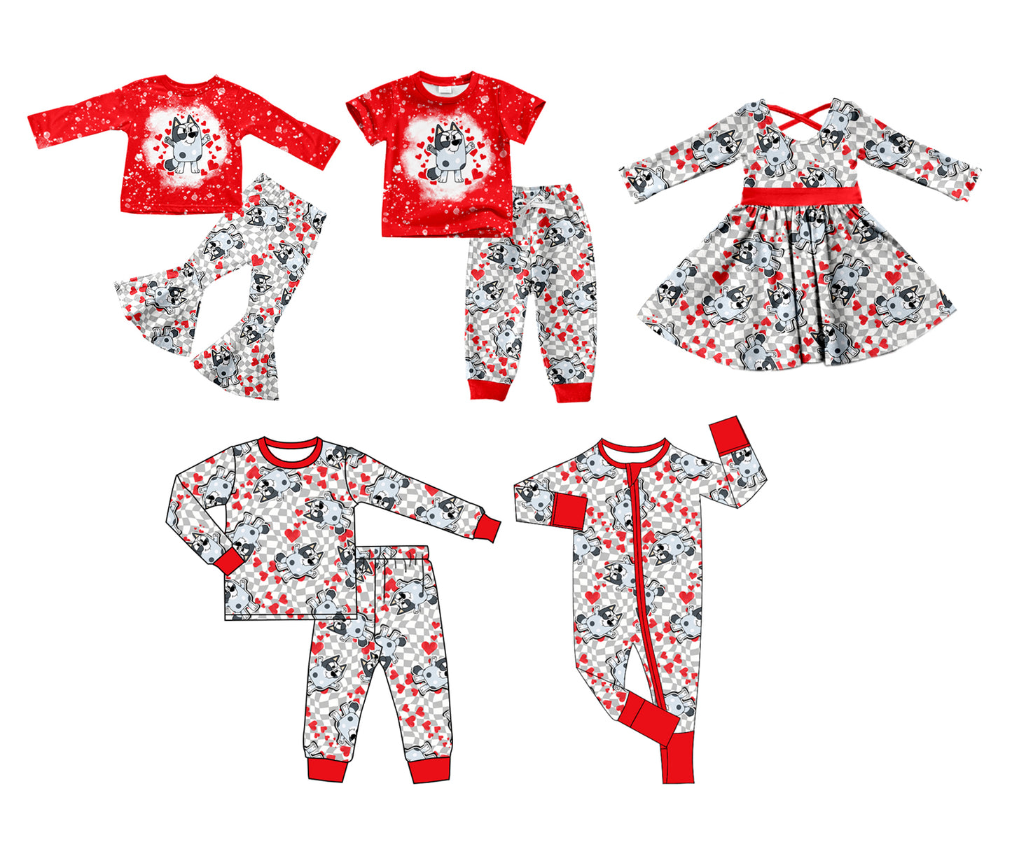 Baby Boy Girl Long Sleeves Valentines Dogs Hearts Sibling Dress Romper Clothes Set ( Moq 5 Each style )12.2